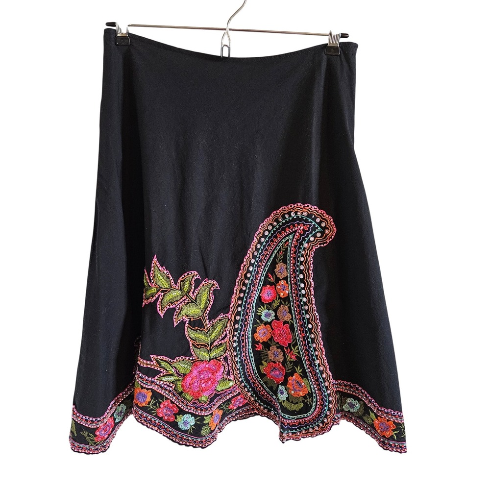 Basil & Maude Black Embroidered Paisley Floral A-Line Skirt Scalloped Hem Sz 4